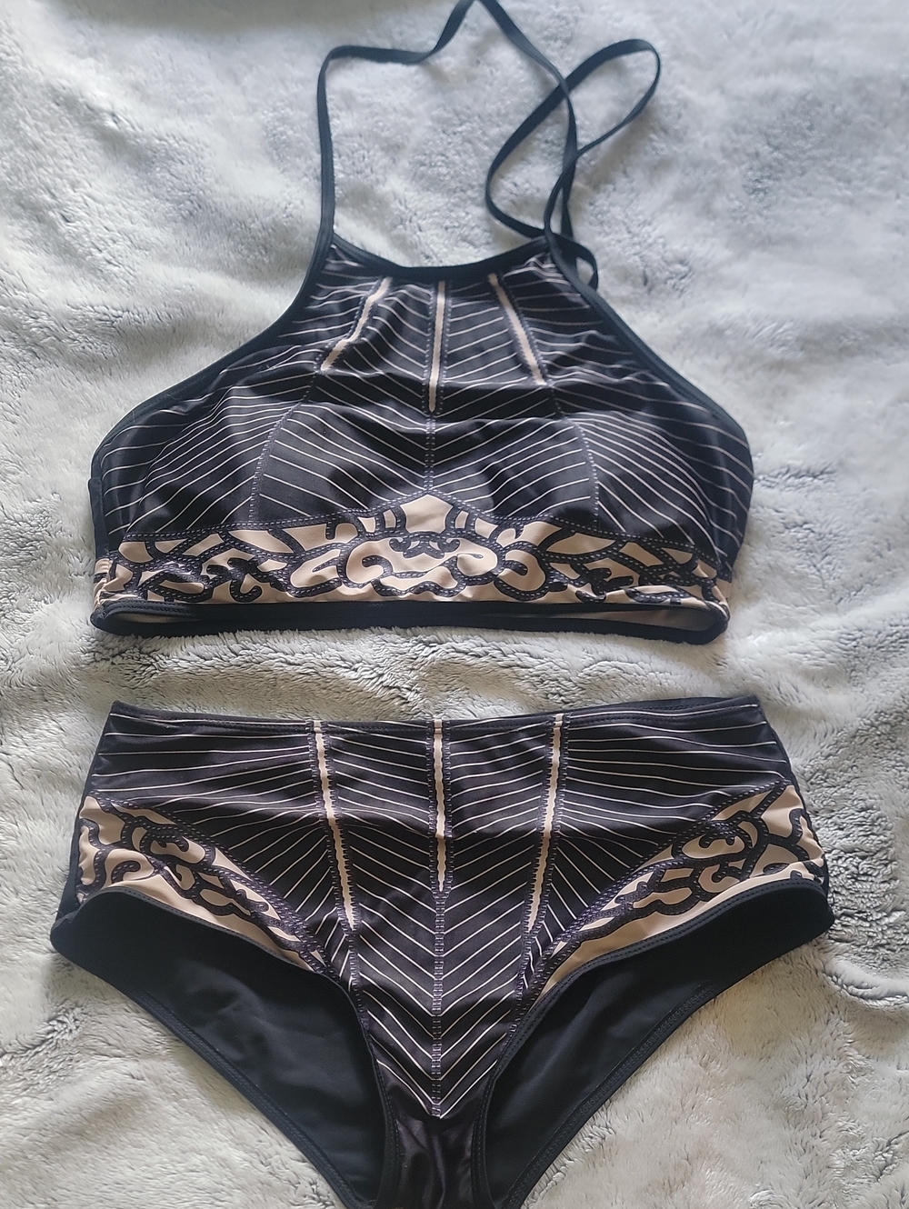 Two-Piece High Neck Bikini Set in Black and Nude
